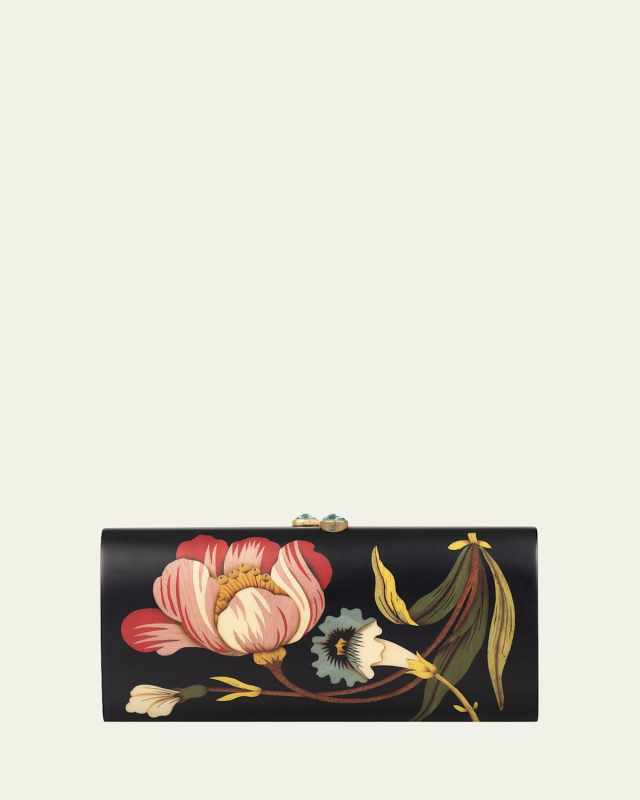 18K Yellow Gold Marquetry Clutch with Camelia Pattern, Sky Topaz and Ruby